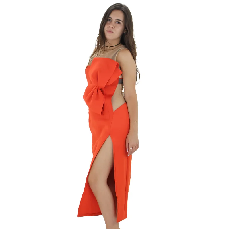 Women's High-Fashion Apparel Effortless Style Women's Bow Front Mesh Side Midi Dress,Orange