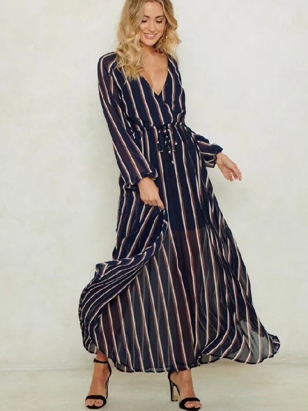 Women's Clothes And Garments Versatile Wardrobe Essentials JuliaFashion-Genia Stripe Surplice Neck Maxi Dress Women's Clothes And Garments Versatile Wardrobe Essentials JuliaFashion-Genia Stripe Surplice Neck Maxi Dress