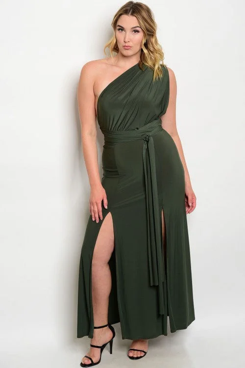 Women's Elegant Clothes Hot Brand Discounts Women's Plus Size Olive Green One Shoulder Long Evening Gown Dress