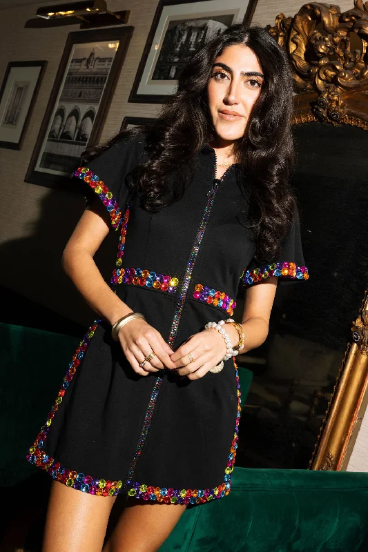 Trendy Fashion For Women Black Rainbow Jewel Zip Up Dress