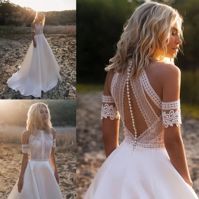 Women's Fashion-Forward Apparel Dreamy Aesthetic Roycebridal Robe De Mariee Bohemian Wedding Dresses New Design Lace Satin Bridal Gowns Button Back A-Line Wedding Dress