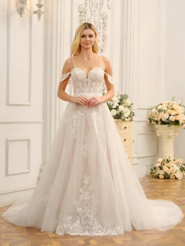 Women's Transitional Apparel Modern Romance Off-the-Shoulder Sleeveless Long Tulle Wedding Dresses with Appliques