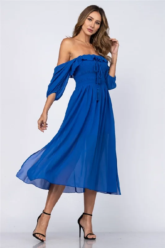 Women's Vacation Garments Feminine Grace Cobalt Blue Smocked Maxi Dress