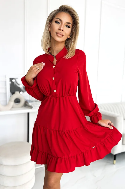 Budget-Friendly Fashion Numoco 395-1 Dress with a neckline and golden buttons - red