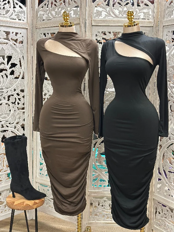 Women's Evening Attire Seize Bargains Long Sleeve Cutout Midi Dress- Stretchy,Estira