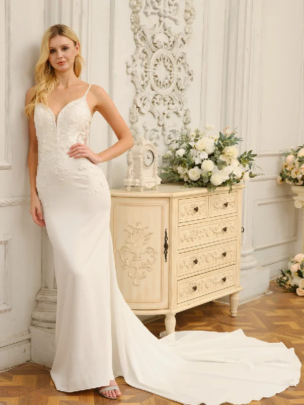 Women's Casual Wear Clothes Lightweight Fabric Trumpet/Mermaid Spaghetti Straps Sleeveless Long Wedding Dresses with Appliques & Beading