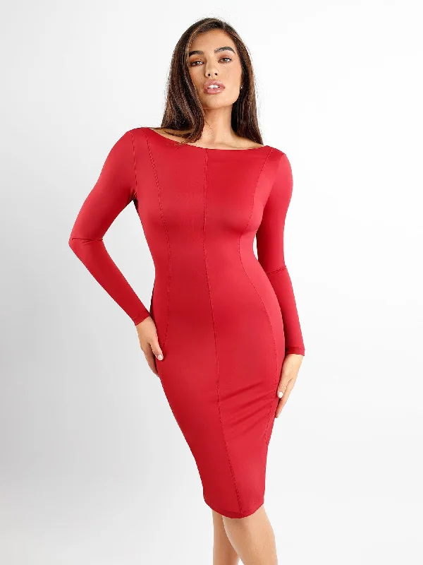 Women's Festive Attire Fast Fashion Favorites Shapewear Long Sleeve Boat Neck Sculpting Midi Dress