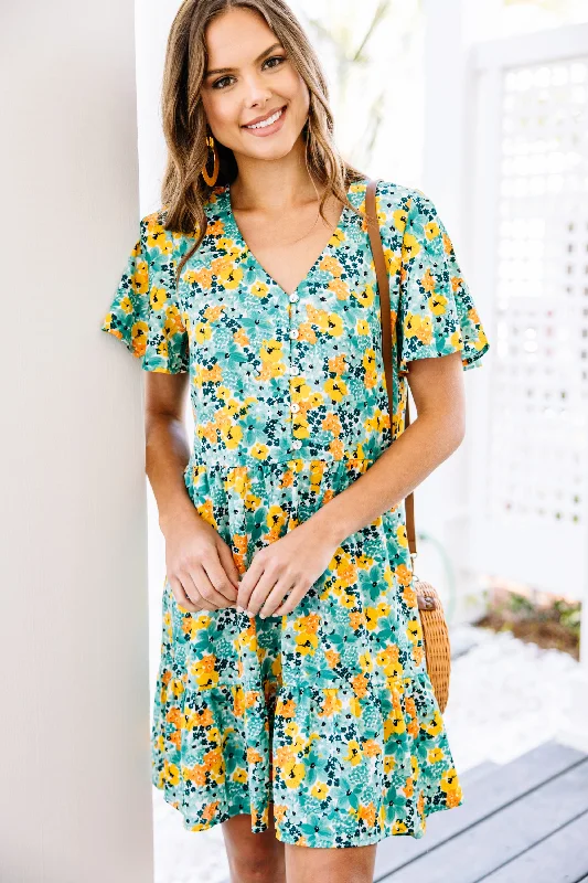 Women's Everyday Apparel Trendy Street Style Attire In My Dreams Green Floral Babydoll Dress