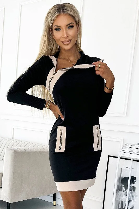 Explore What's New Numoco 497-1 Two-color dress with three zippers - black and beige