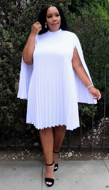 Limited Stock – Get Yours Before It's Gone HI Curvy Plus Size Mock Neck Cape Sleeve  Keyhole Back Pleated Knee Dress