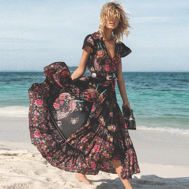 Women's Travel Outfit Set Casual Fashion JuliaFashion-Gypsy Style Black Beach Maxi Dress