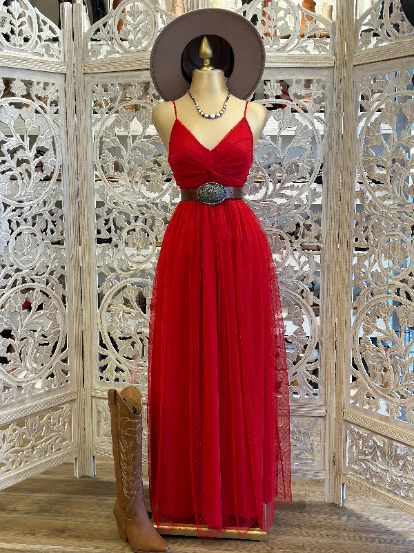 Stylish Clothes For Women Spring Fashion Red Knotted Tulle Maxi Dress- Not Stretchy