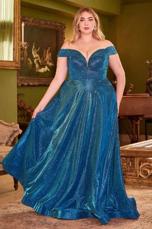 Clothes Women Metallic Plus Size Glitter Off Shoulder Laced Back Bodice Shimmer Long Prom & Ball Dress CDCD210C