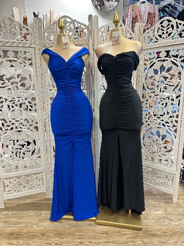 Timeless Women's Clothes Crazy Discounts, Hurry Up Ruched Off Shoulder Gown- Stretchy