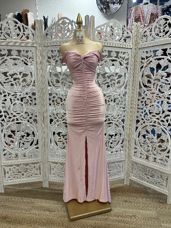 Vintage-Inspired Women's Clothes Crazy Price Slashing Rose Gold Ruched Off Shoulder Gown- Stretchy