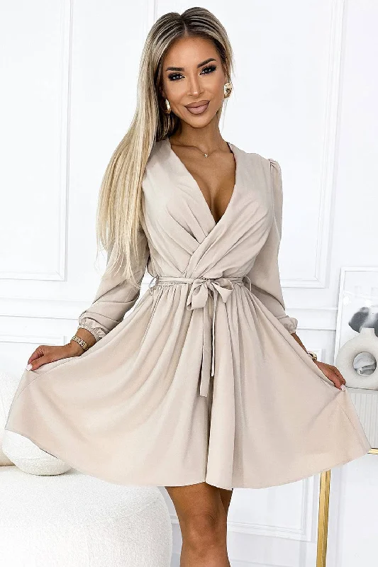 Daily Deals Numoco 339-4 BINDY Feminine dress with a neckline and belt - beige