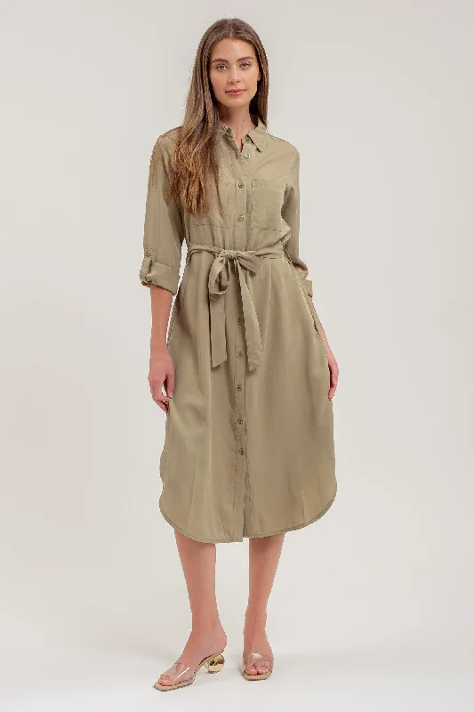 Women's Seasonal Clothes Graceful Movement BUTTON DOWN SHIRT MIDI DRESS