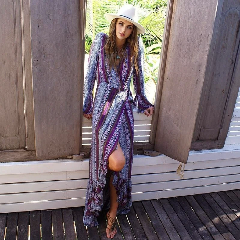 Women's Casual Attire Laid-Back Elegance JuliaFashion-Free Spirit V-Neck Long Sleeve Maxi Dress