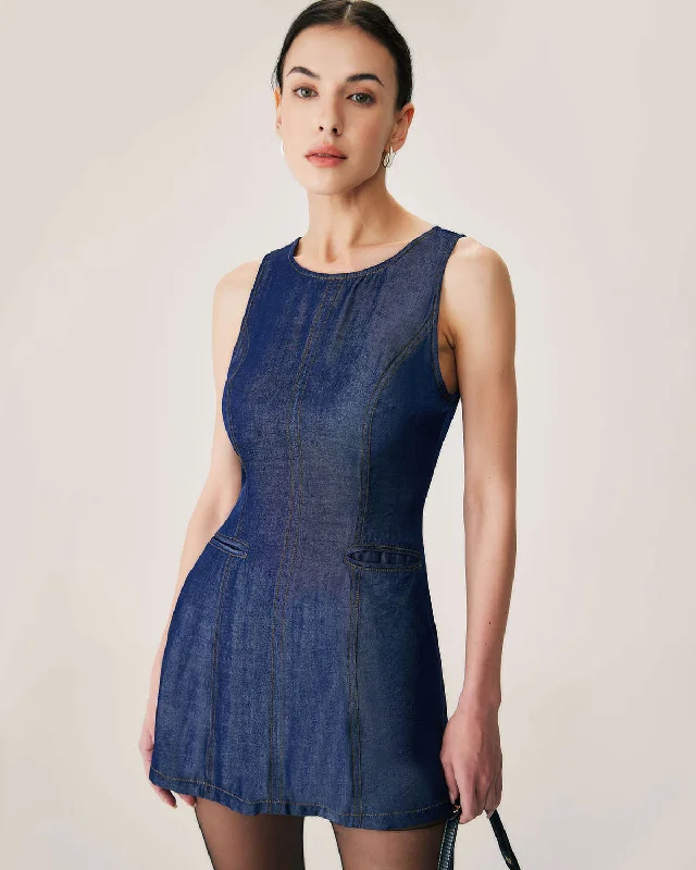 Women's Chic Outfit Feminine Flow Blue Sleeveless Pocket Mini Dress