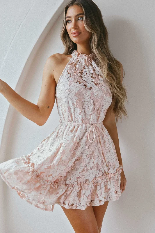 Affordable Women's Attire Find Your Unique Flair Ever After Halterneck Elasticated Waist Lace Mini Dress Apricot