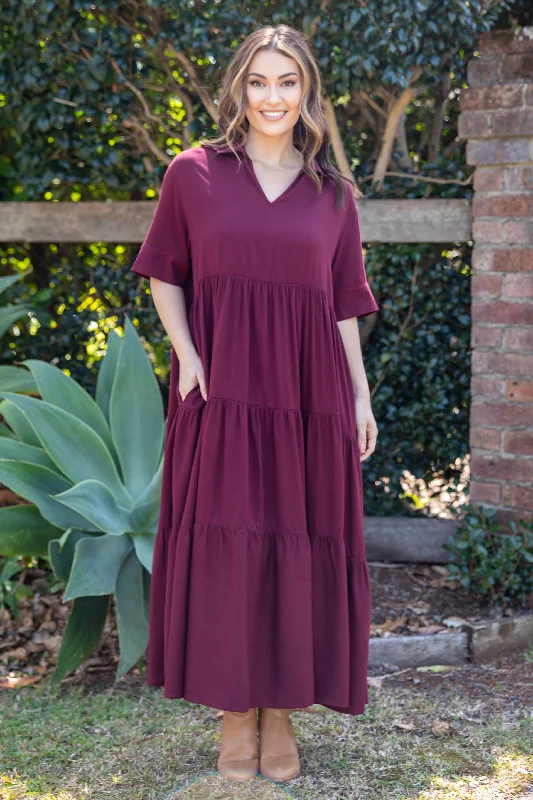 Women's Evening Wear Outfit Limited Stock, Big Discounts Serenity Ruffle Maxi Dress | Burgundy | FINAL SALE Women's Evening Wear Outfit Limited Stock, Big Discounts Serenity Ruffle Maxi Dress | Burgundy | FINAL SALE