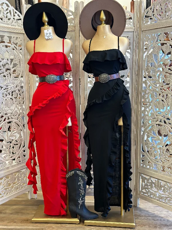 Women's Versatile Apparel Fashion-Forward Ruffled Maxi Dress- Slightly Stretchy