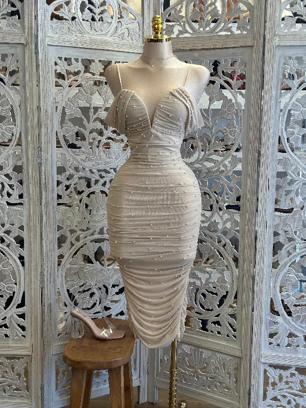 Women's Sporty Clothes Innovate Your Wardrobe Nude Pearl Embellished Off Shoulder Midi Dress- Stretchy Women's Sporty Clothes Innovate Your Wardrobe Nude Pearl Embellished Off Shoulder Midi Dress- Stretchy