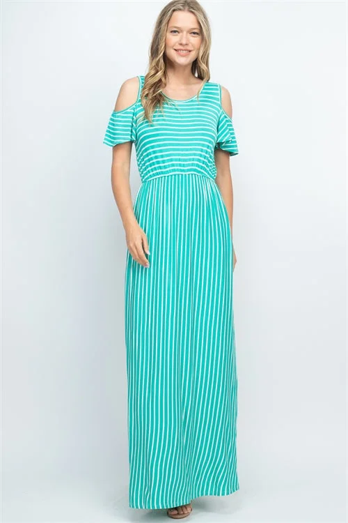Charming Women's Garments Dreamy Draping Jade Green Stipe Cold Shoulder Maxi Dress