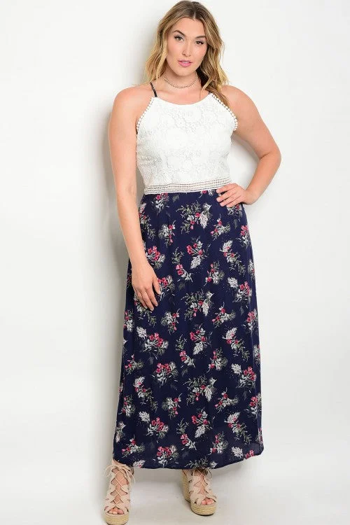 Fashionable Women's Casual Apparel Special Offer Women's Plus Size Navy Blue and White Lace Maxi Dress Fashionable Women's Casual Apparel Special Offer Women's Plus Size Navy Blue and White Lace Maxi Dress