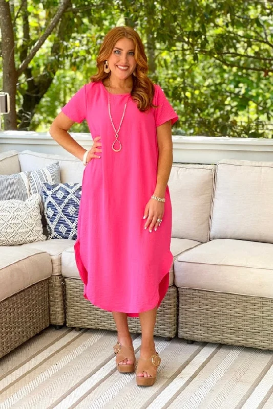 Women's Urban Clothing Special Offer Candy Pink Airflow Short Sleeve Midi Dress