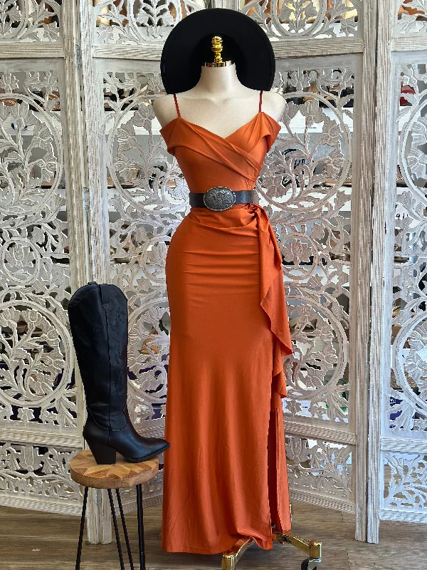 Women's Comfortable Apparel Exclusive Deals Online Burnt Orange Off Shoulder Gown - Estira, Stretchy