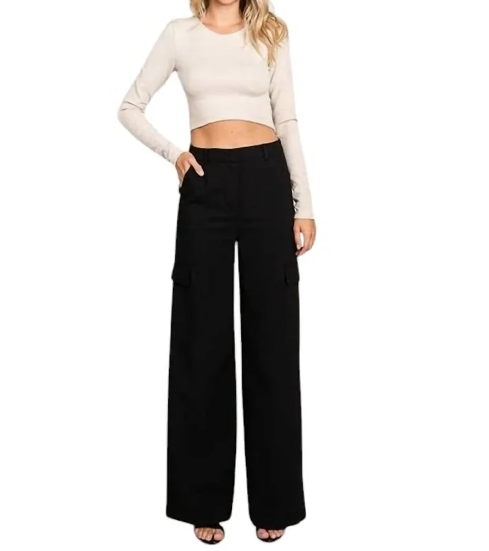 Women's Work Apparel Casual Chic Twill Wide Leg Flap Pocket Pants In Black