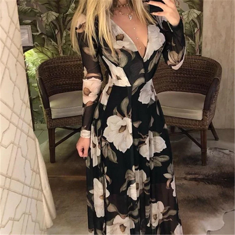 Casual Chic Clothing For Women Attire Sale Julia Fashion - Women's Sexy V-Neck Long Sleeve Print Long Maxi Dress Casual Chic Clothing For Women Attire Sale Julia Fashion - Women's Sexy V-Neck Long Sleeve Print Long Maxi Dress