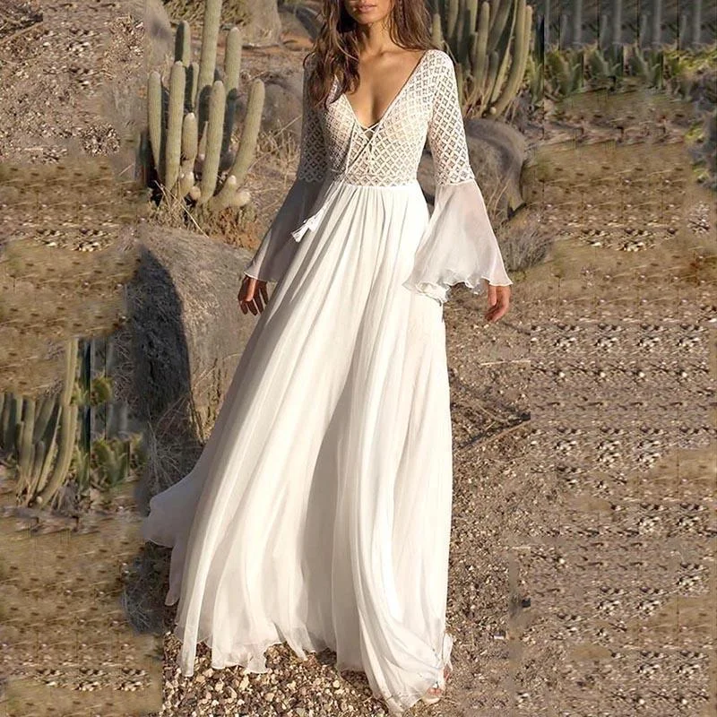 Women's Formal Event Attire Elegant Fashion JuliaFashion-Long Flare Sleeve V-Neck White Hollow Lace Maxi Dress