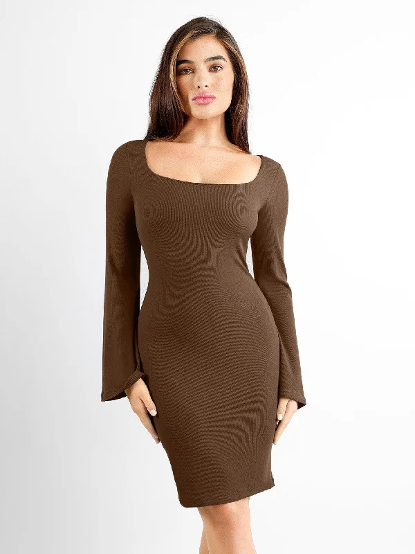 Women's Athletic Garments Big Discounts Shapewear Bell Sleeve Square Neck Slimming Midi Dress