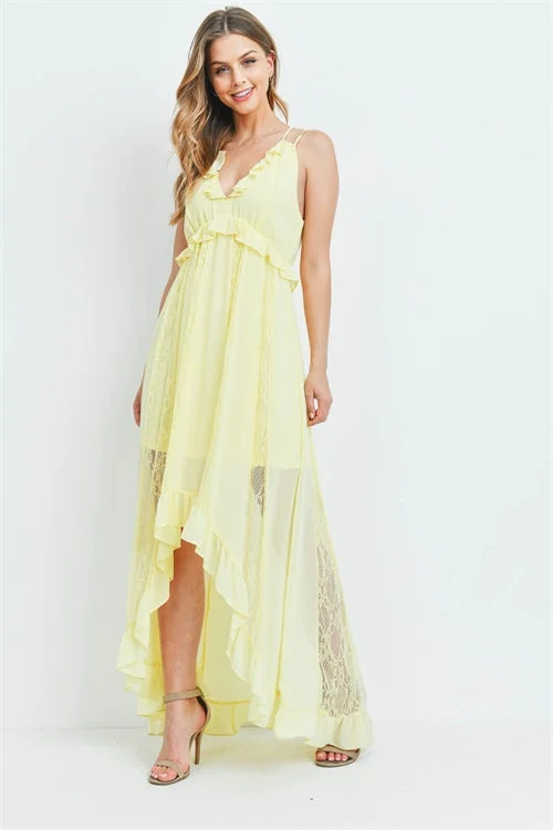 Women's Vintage Garments Rustic Countryside Charm Look Yellow High Low Lace Accent Maxi Dress