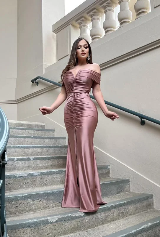 Women's High-Fashion Garments Spring Fashion Rose Gold Heartline Ruched Gown- Slightly Stretchy, Estira