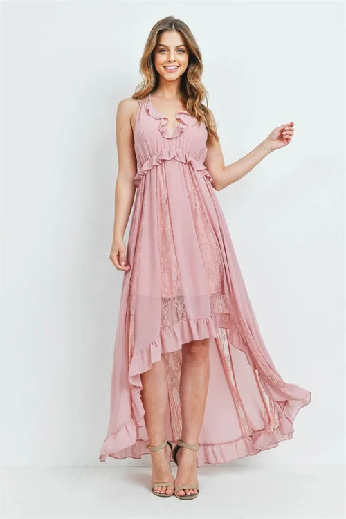 Timeless Women's Garments Coastal Beach - Inspired Style Mauve Pink High Low Lace Accent Maxi Dress