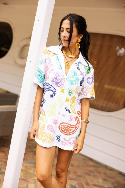 Fashion Sale White Multi Paisley Collar Dress
