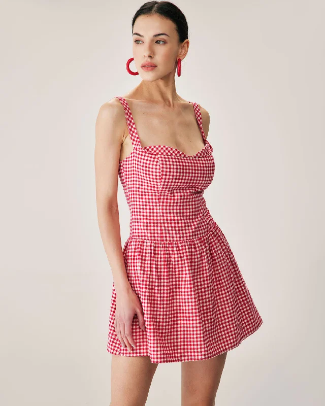 Women's Elegant Evening Outfit Parisian Effortless Chic Style Red Plaid Sweetheart Neck Slip Mini Dress Women's Elegant Evening Outfit Parisian Effortless Chic Style Red Plaid Sweetheart Neck Slip Mini Dress