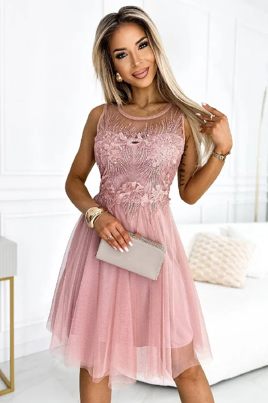 Stylish Deals Numoco Basic 522-1 CATERINA Feminine dress with guipure and delicate tulle - powder pink