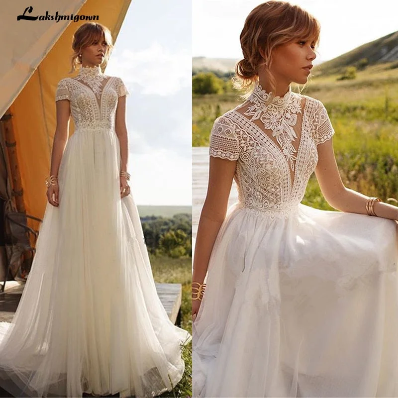 Women's Stylish Professional Apparel Stay Ahead In Style Roycebridal Vintage Boho Wedding Dress Lace Tulle High Neck Cap Sleeves A Line Bohemian Bridal Gowns  Ivory ELegant Bride Dress