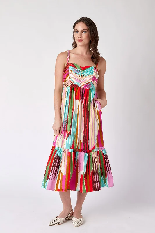 Women's Fashion Clothes Rustic Countryside Charm Look VINTAGE IKAT MIDI DRESS