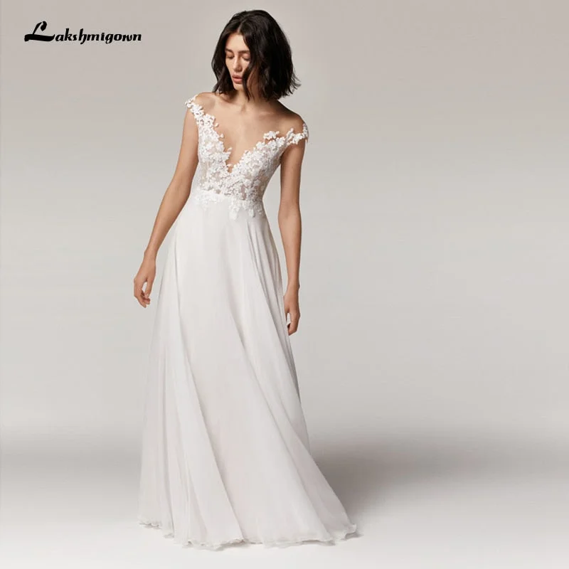 Women's Layered Outfit Day-To-Night Styles Roycebridal Simple Beach Wedding Dress cap sleeves  Robe Longue Femme  Sexy Bohemian Bridal Dress Backless