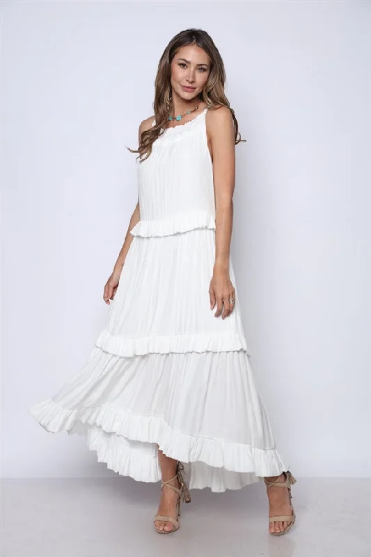 Women's Outdoor Activity Garments Ethnic Cultural Event Wear White Sleeveless Ruffled Maxi Dress