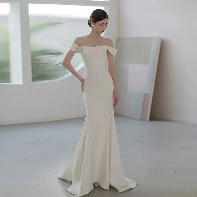 Women's Elegant Evening Outfit Fashion Sale Off shoulder bridal Dress, Satin Bridal Dress,Sexy Mermaid Wedding Dress