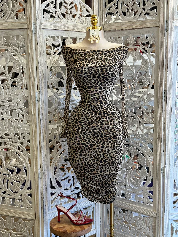 Charming Women's Garments Discover Now Leopard Print Off Shoulder Midi Dress- Stretchy, Estira