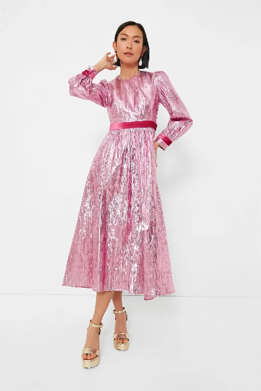Women's Chic Outerwear Outfit Limited Time Pink Metallic Plisse Eloise Midi Dress
