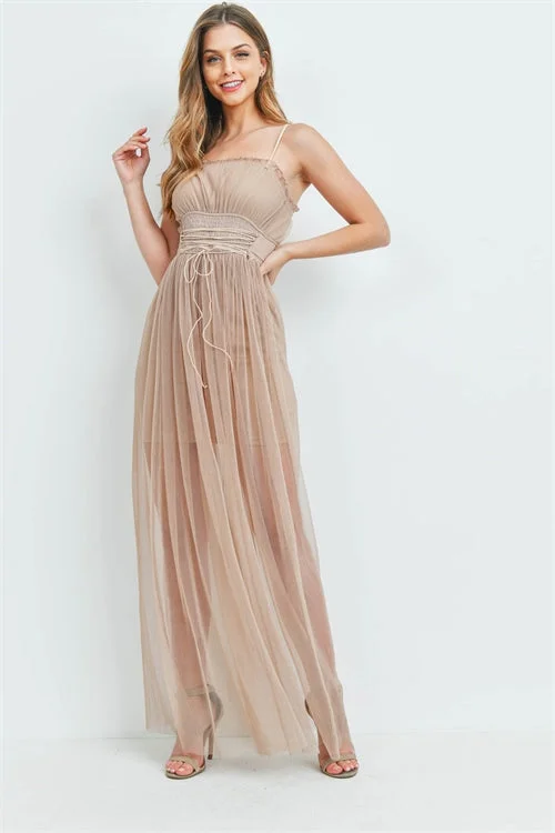 Women's Clothes And Garments Lightweight Fabric Taupe Sheer Overlay Maxi Dress