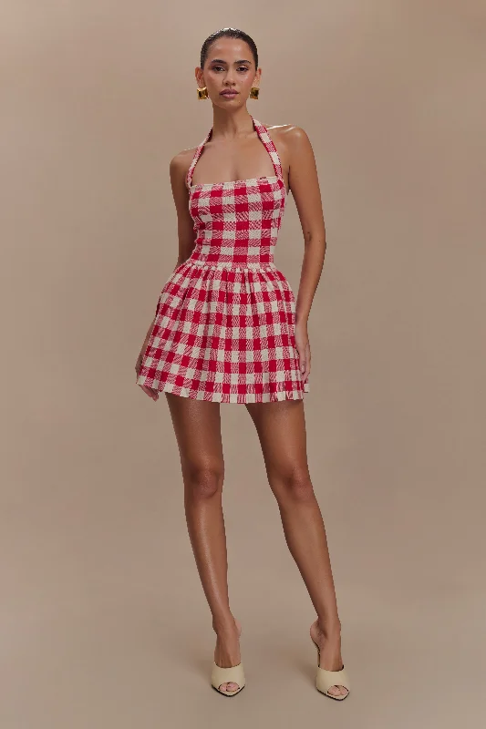 Luxury Women's Clothing New Season Fashion Preview Lindsay Halter Knit Mini Dress - Red Gingham Luxury Women's Clothing New Season Fashion Preview Lindsay Halter Knit Mini Dress - Red Gingham